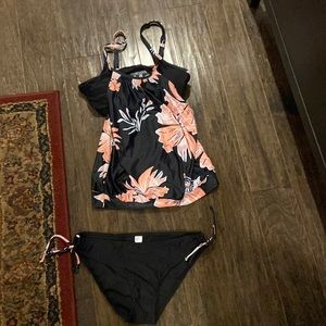Black and pink floral tankini